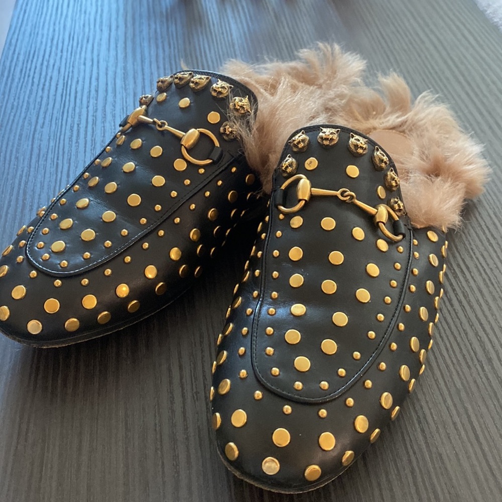 Gucci Studded Furry Fur Slip on Mules - Picture 4 of 4